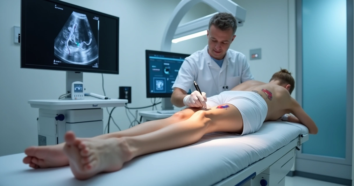 Médico realizando tratamento venoso com laser guiado por ultrassom