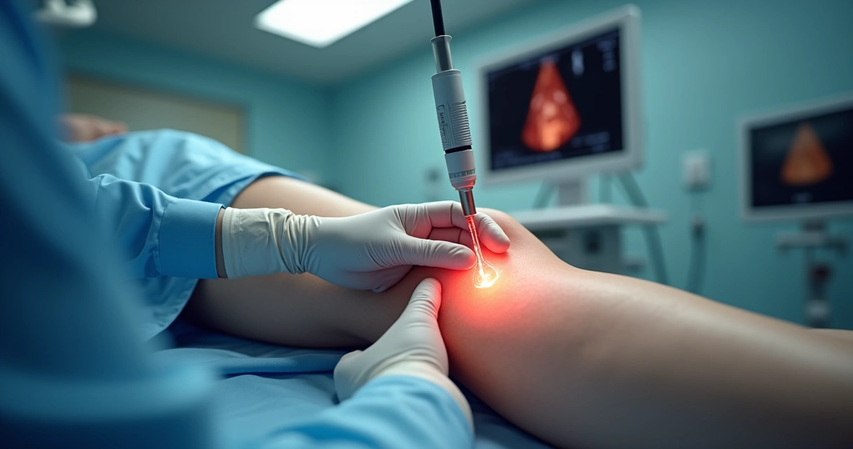 Médico aplica laser endovenoso em veia da perna guiado por ultrassom