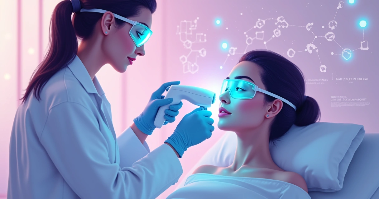 Aplicação de laser Lavieen no rosto de mulher. 