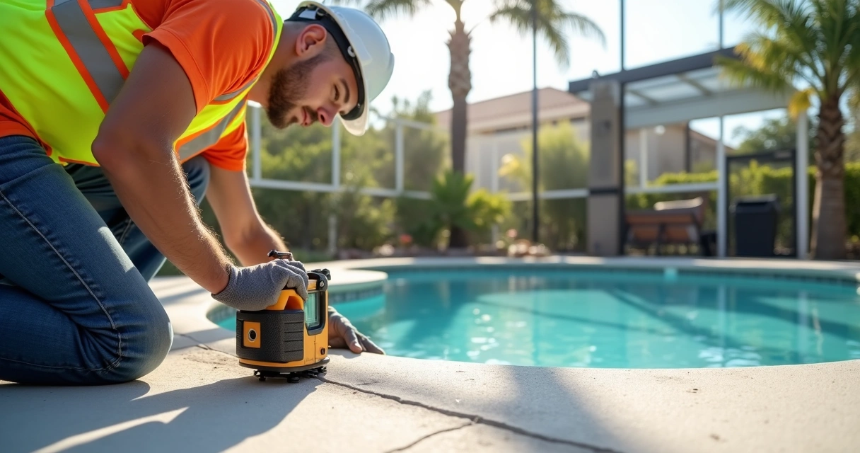 Contractor using a laser level on a pool deck 