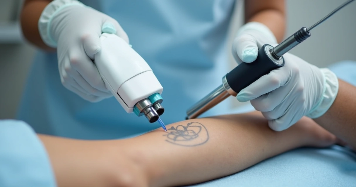 Profissional utilizando equipamento de laser de picosegundo em remoção de tatuagem no antebraço 