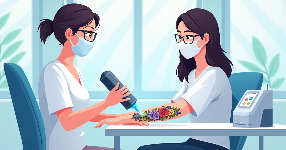 Paciente recebendo remoção de tatuagem a laser em clínica, foco no braço e aparelho do profissional 