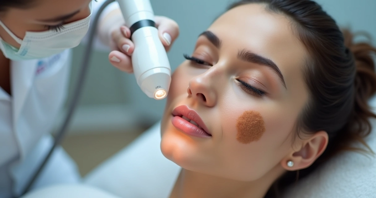 Aplicação de laser em mancha de pele no rosto 