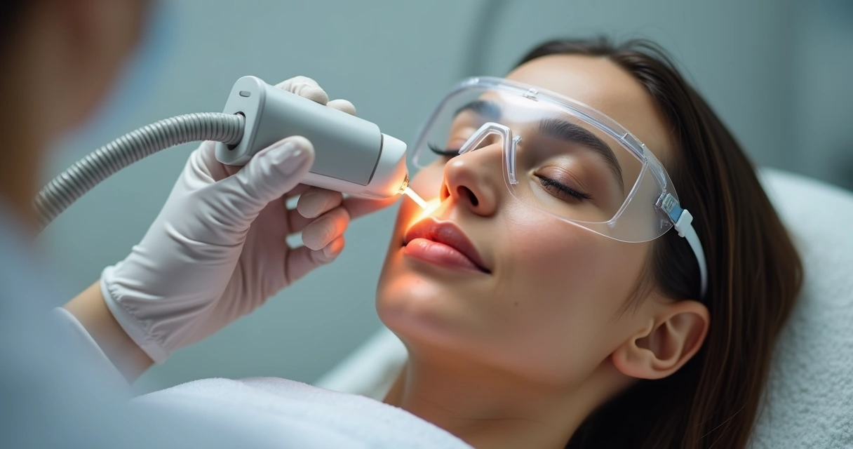 Paciente recebendo tratamento a laser na bochecha com profissional usando equipamento especializado. 