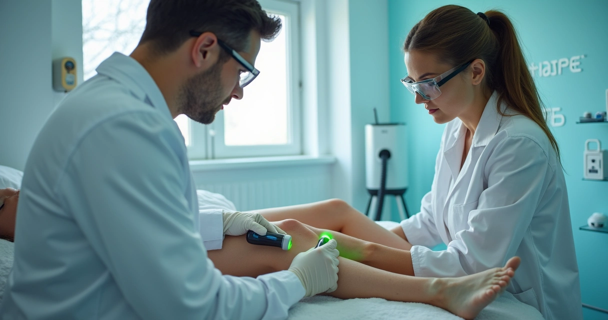 Aplicação de laser nas pernas de paciente com varizes 