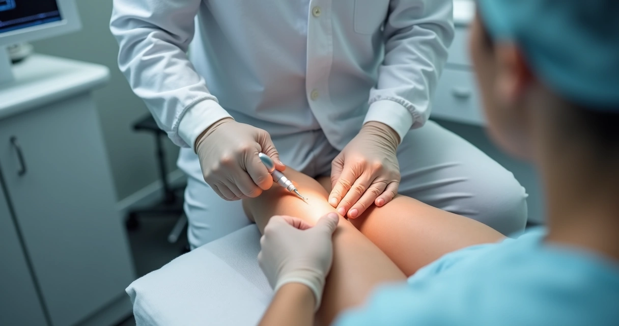 Equipamento de laser sendo aplicado em perna para tratamento de varizes 