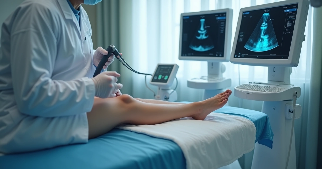 Médico utilizando laser em perna de paciente em sala de procedimento vascular 