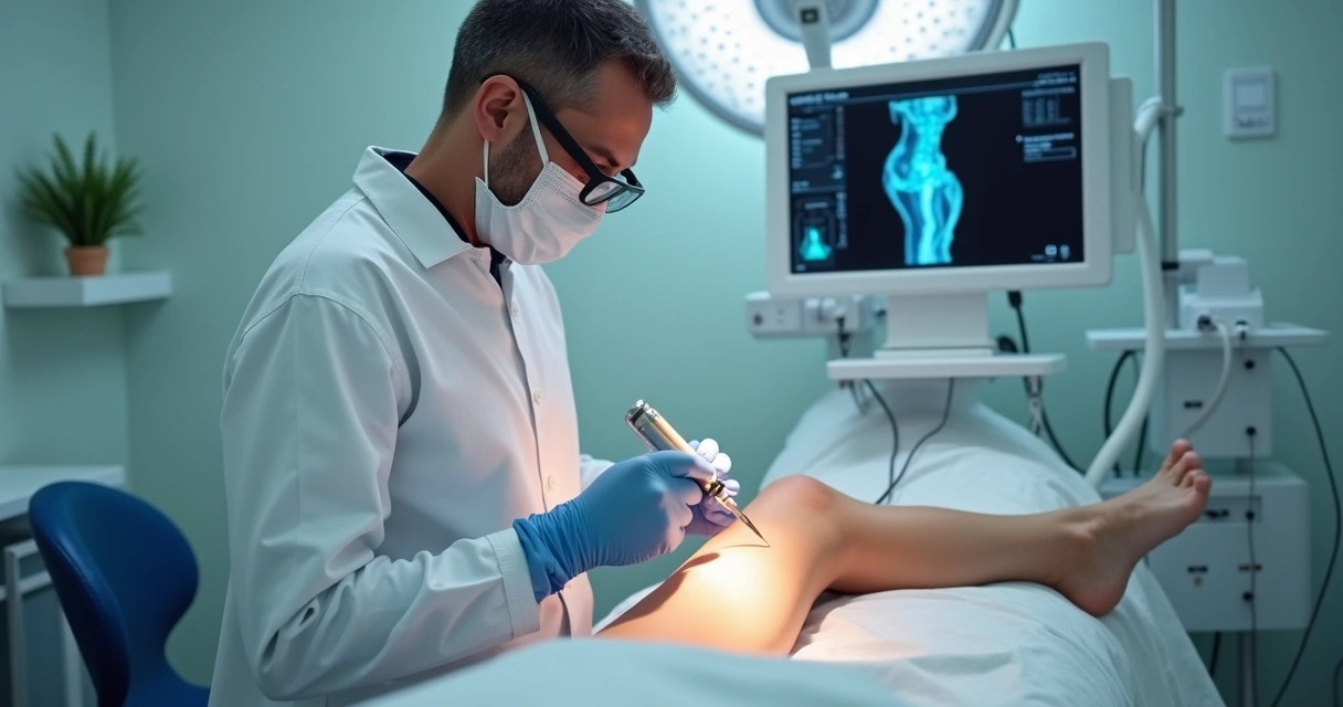 Médico aplicando laser em perna de paciente com varizes 