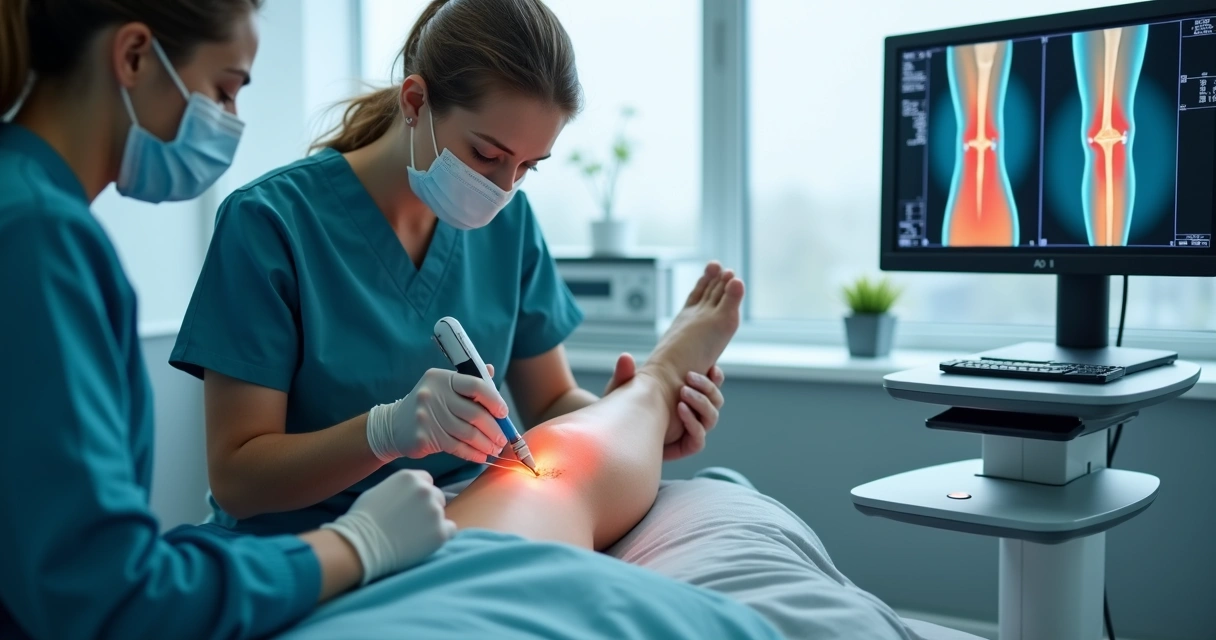 Médico vascular usando laser guiado por ultrassom para tratamento de varizes 
