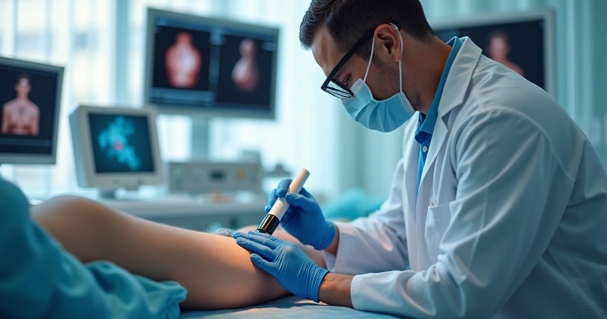 Sessão de laser moderno para varizes realizada por médico vascular com equipamentos avançados. 