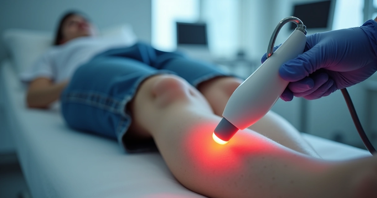 Profissional aplicando laser na perna de paciente 