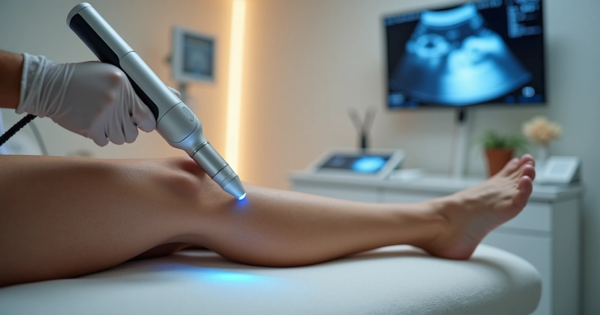 Braço de profissional aplicando laser em perna com varizes em consultório moderno 