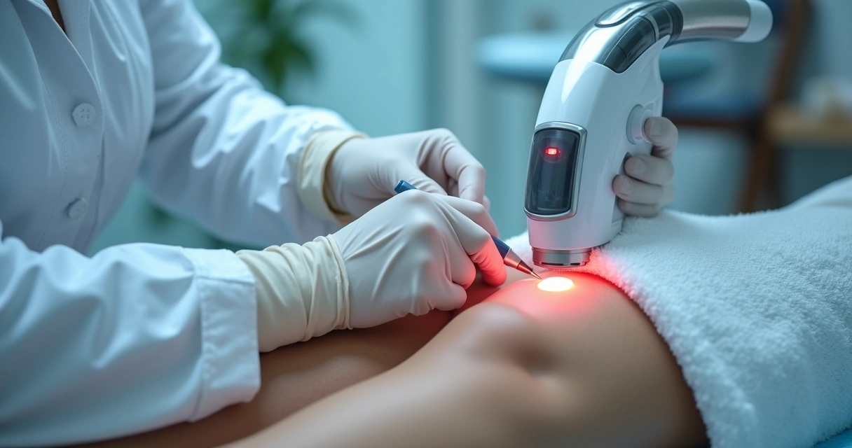 Sessão de laser em pernas femininas, aparelhagem moderna ao redor, profissional de saúde em ambiente clínico