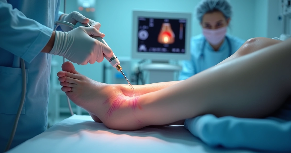 Médico realizando procedimento a laser em perna com varizes