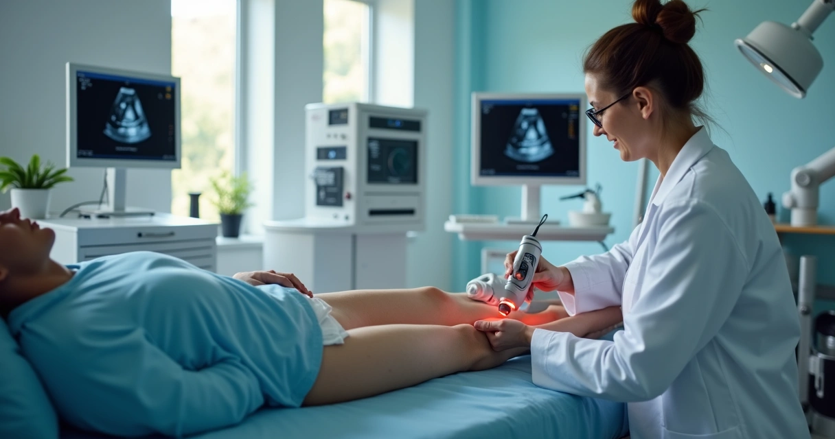 Médico usa ultrassom em procedimento de laser em perna de paciente 