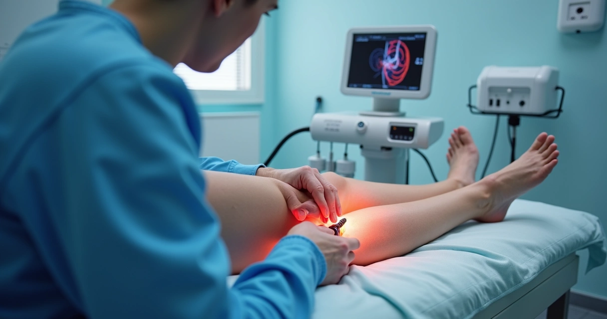 Técnico usando equipamento de laser tridimensional para tratar varizes na perna de paciente em clínica.