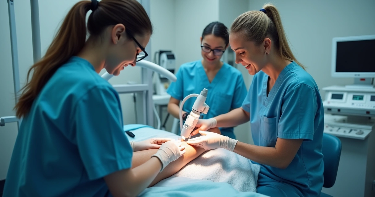 Equipe da clínica aplicando laser em paciente para varizes 