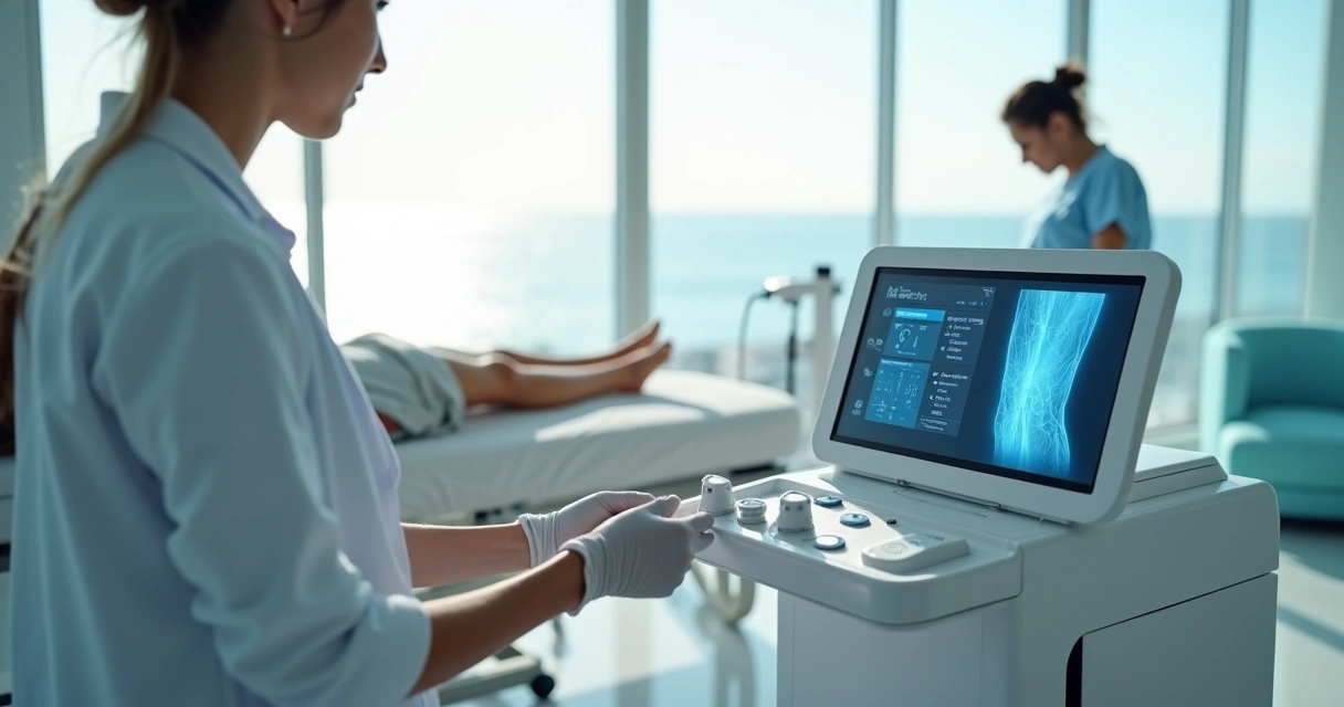 Técnico ajustando equipamento de laser para tratamento de varizes em clínica de Salvador 