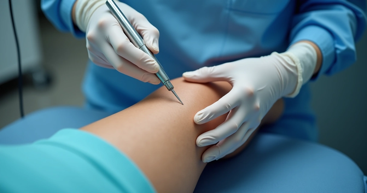 Procedimento a laser em perna com varizes, mostrando equipamento moderno 