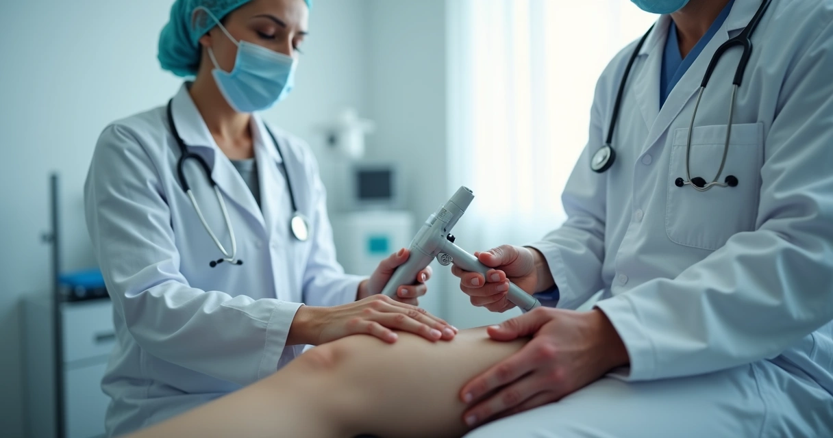 Médico aplica laser na perna de paciente para tratar varizes 