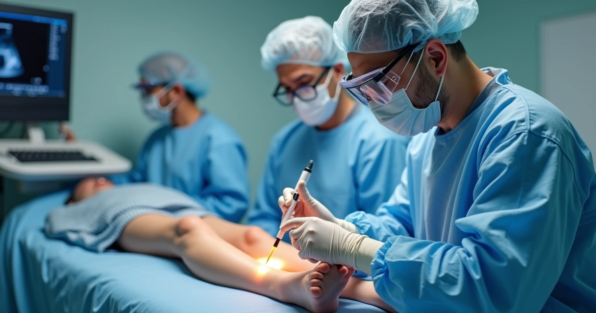 Médico aplicando laser em paciente em clínica vascular 