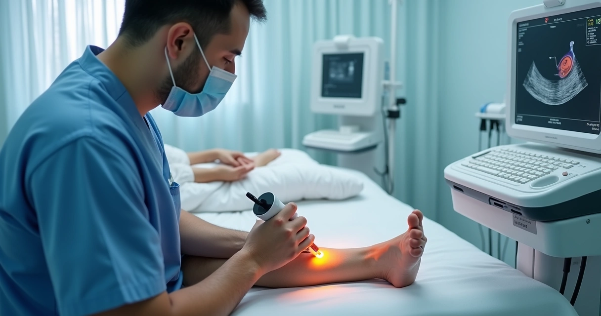 Procedimento a laser em perna de paciente sendo executado em clínica vascular 
