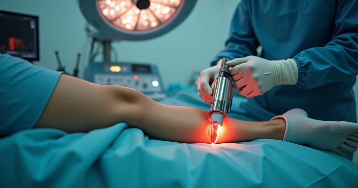Aplicação de laser em veias da perna com equipamento moderno e sem corte 