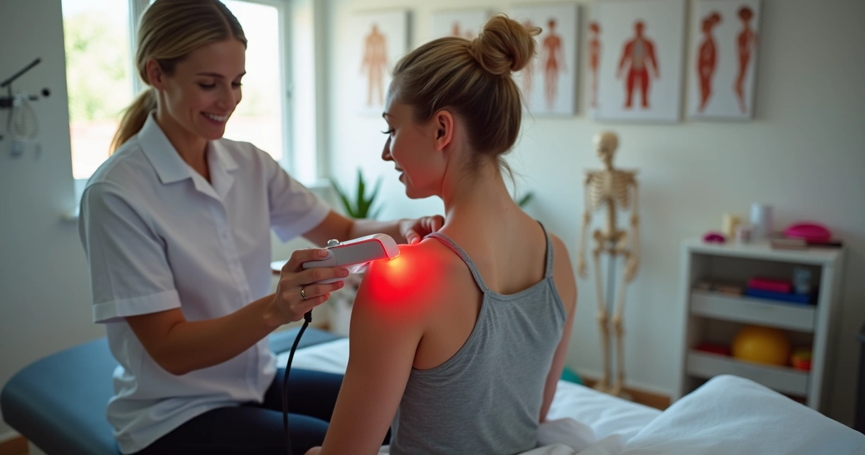 Fisioterapeuta aplicando laserterapia no ombro de paciente em clínica moderna 