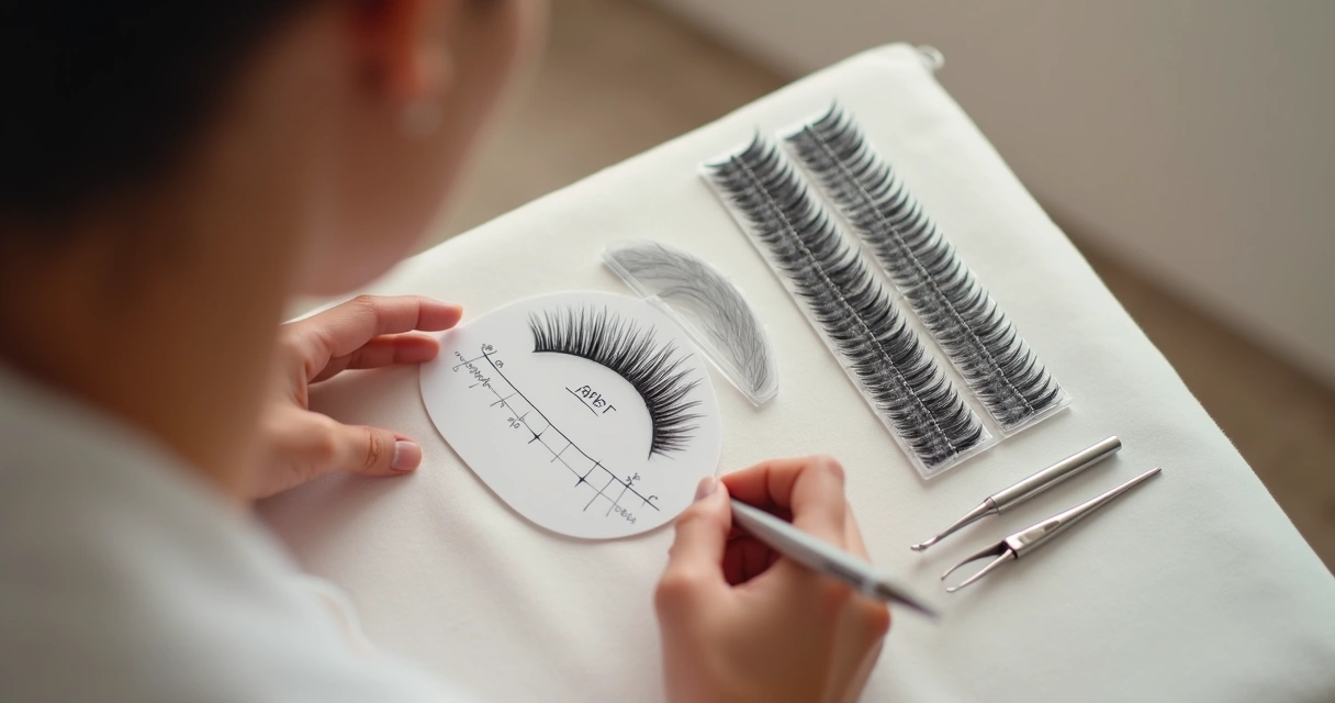 Mão de profissional fazendo sketch de lash mapping sobre olho feminino 