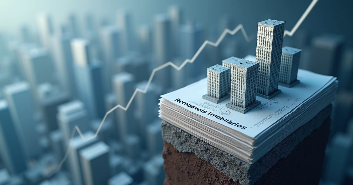Ilustração de títulos imobiliários compondo uma base para edifícios modernos com gráficos de crescimento ao fundo