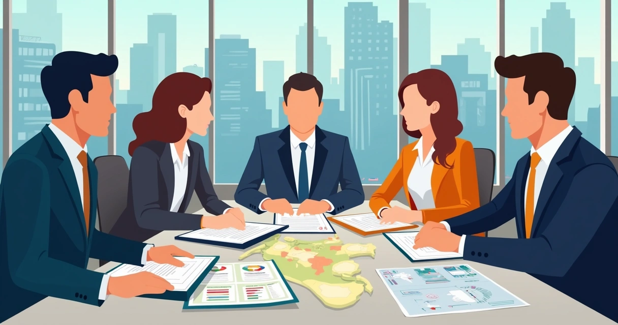 HR team planning LatAm expansion in a Colombian office with charts, maps, and compliance documentation 