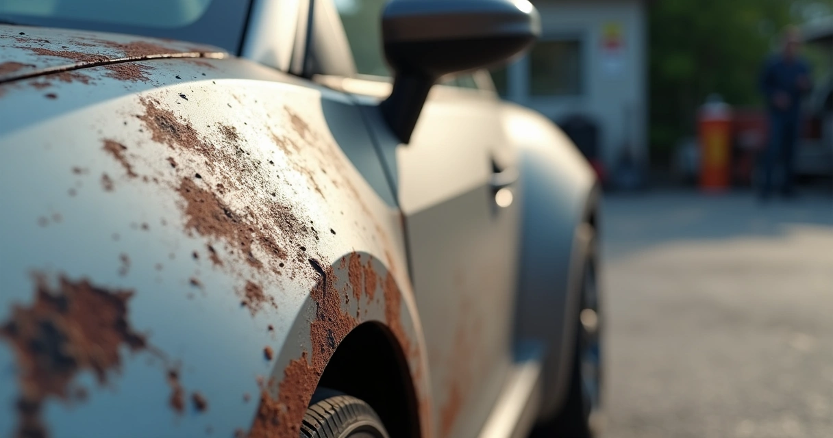 Carro com lataria danificada mostrando amassados, riscos e ferrugem em detalhes nítidos 