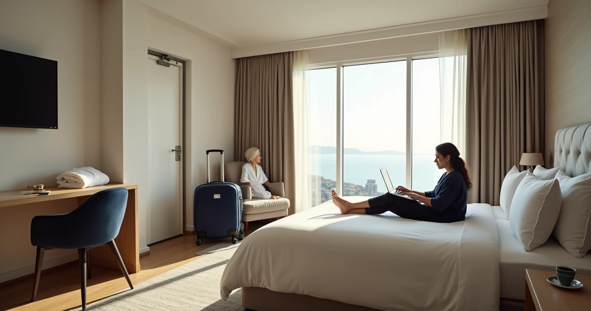 Hóspede em quarto de hotel relaxando próximo ao meio-dia com malas prontas 