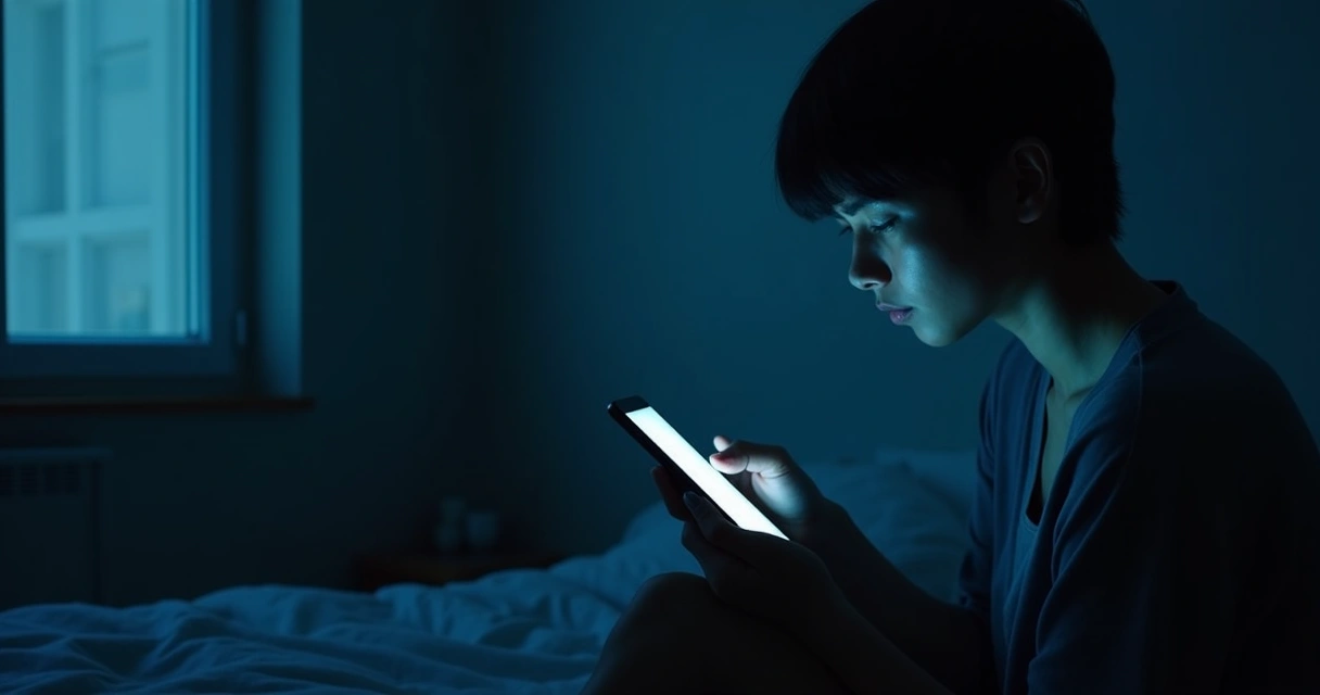 Person sitting in bed lit by a phone screen in a dark room