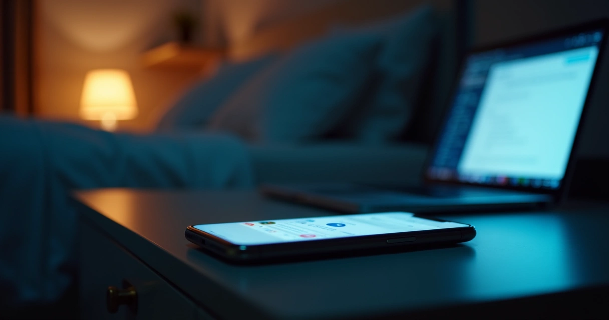 Phone showing late work messages beside a bed at night 