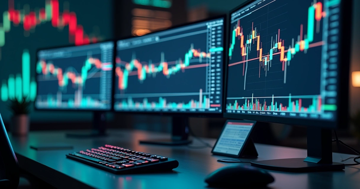 Tela de computador exibindo gráficos financeiros com indicadores de latência e slippage no trading automatizado 