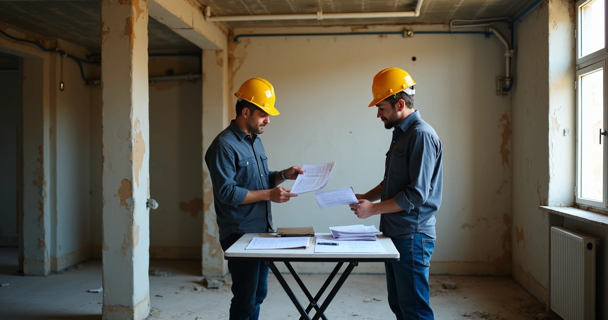 Dois engenheiros analisando planilha técnica em imóvel ocupado 