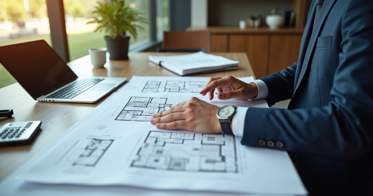 Engenheiro analisando plantas de imóvel em mesa de escritório 