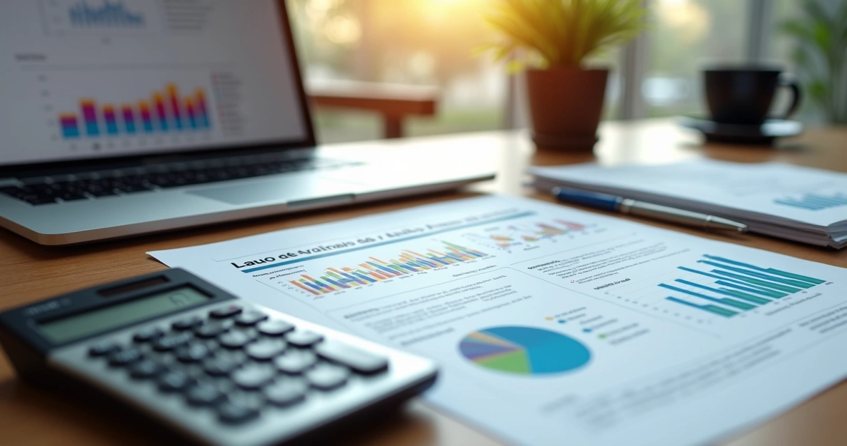 Mesa com laudo de avaliação, calculadora financeira e gráficos de rentabilidade de imóveis 