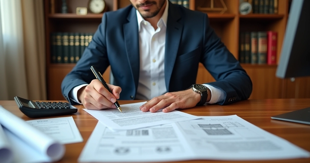 Laudo de avaliação judiciário em mesa, documentos, engenheiro preenchendo formulário 