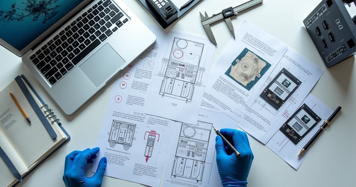 Laudo técnico elétrico com fotos, plantas e instrumentos sobre mesa 