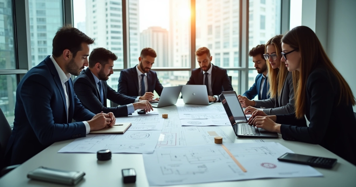 Equipe de engenheiros e advogados reunida analisando documentos técnicos de perícia 