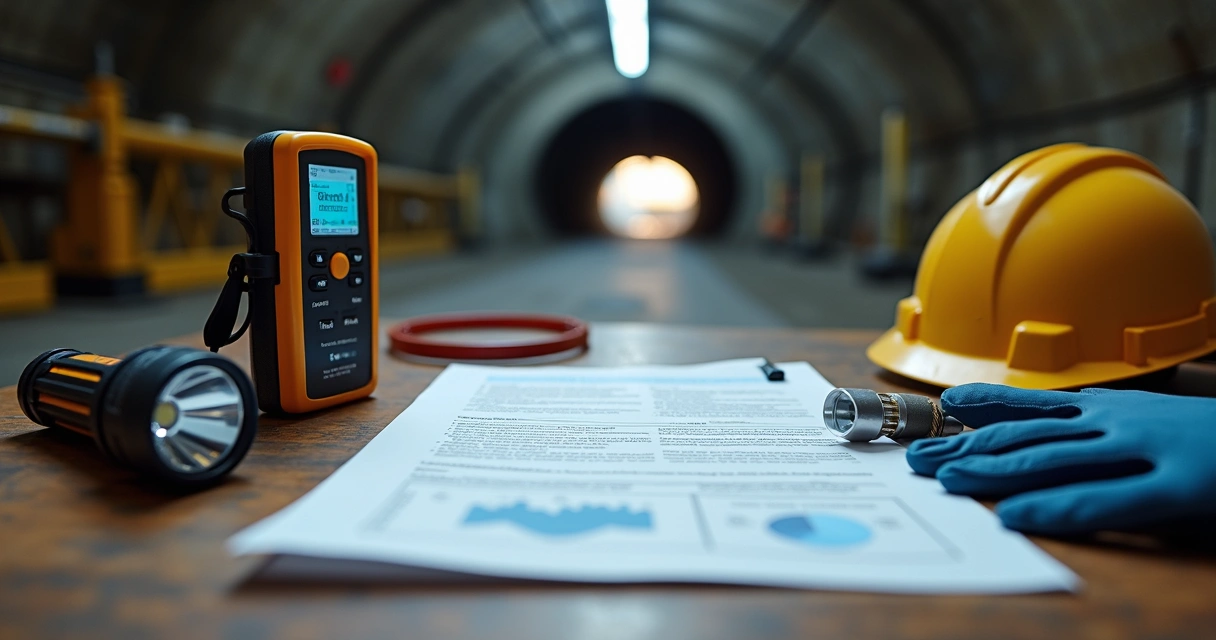 Laudo técnico e equipamentos de medição em mesa de perícia 