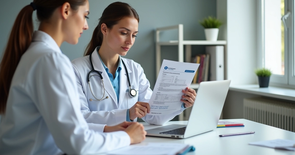 Nutricionista analisando laudo de exame hormonal impresso na mesa 