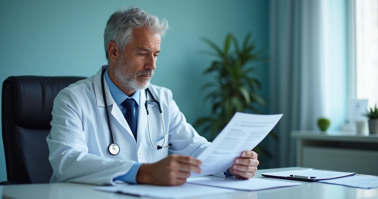 Médico examina prontuário de paciente sentado, analisando relatórios e exames 