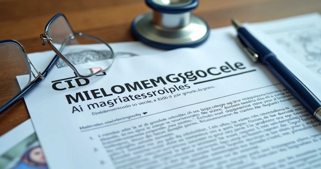 Laudo médico impresso com CID Q05 em destaque, caneta e óculos ao lado