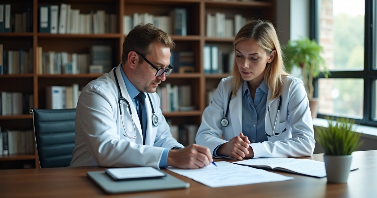 Médico analisando laudo digital em tablet, advogado ao lado observando 