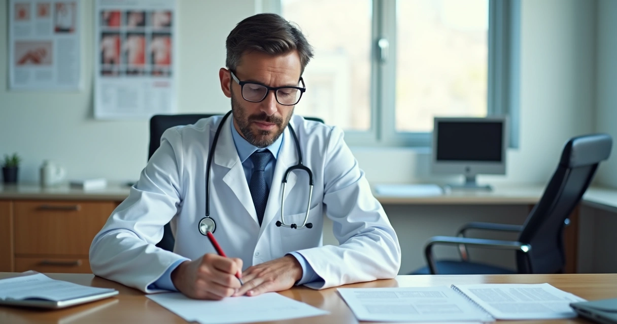 Médico redigindo laudo com os elementos obrigatórios do documento médico