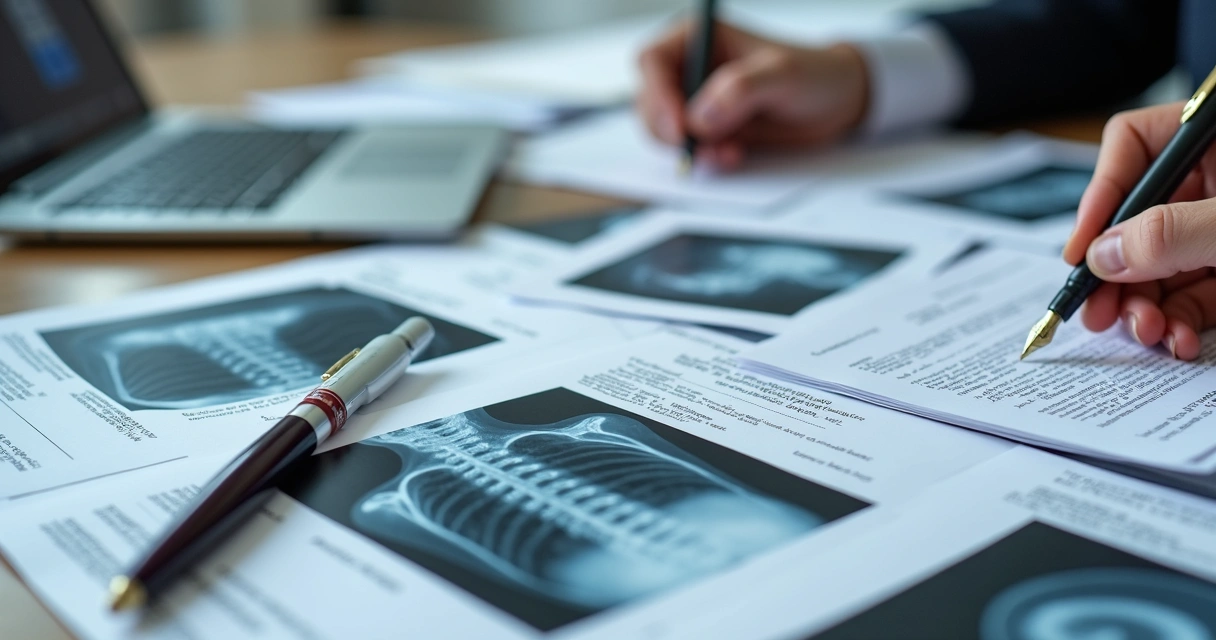 Conjunto de laudos e exames sobre mesa evidenciando doença da coluna 