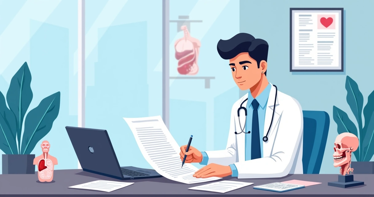 Médico preenchendo laudo em consultório, documentos sobre a mesa 